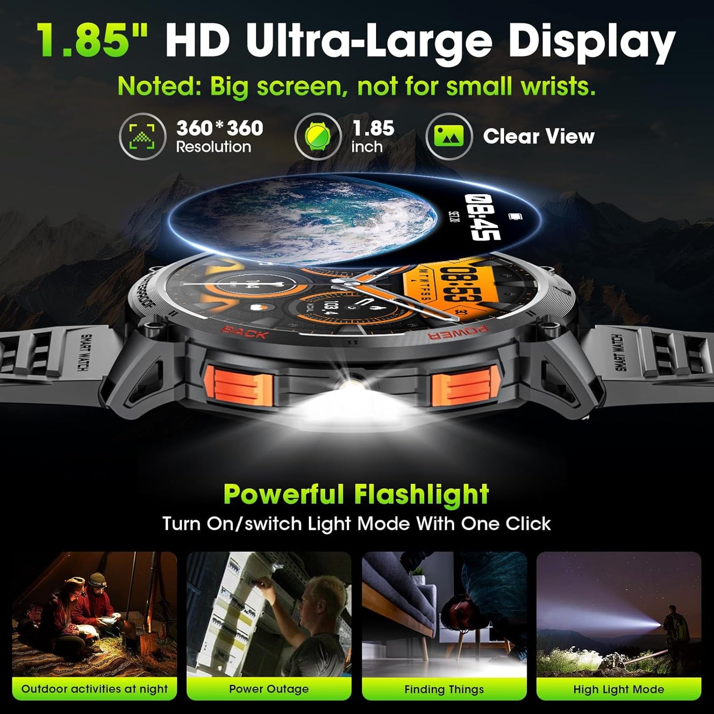 Militärische Smartwatch für Männer mit 1,85" HD-Bildschirm und Taschenlampe