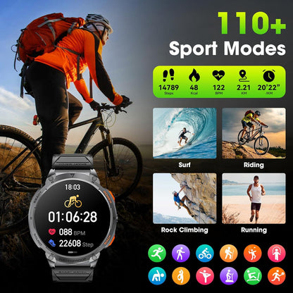 Militärische Smartwatch für Männer mit 1,85" HD-Bildschirm und Taschenlampe