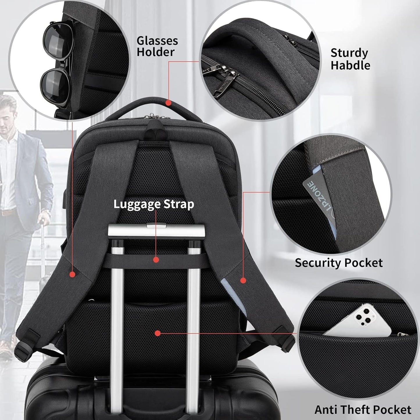 Wasserdichter Reise-Laptoprucksack mit USB-Anschluss und organisierter Aufbewahrung