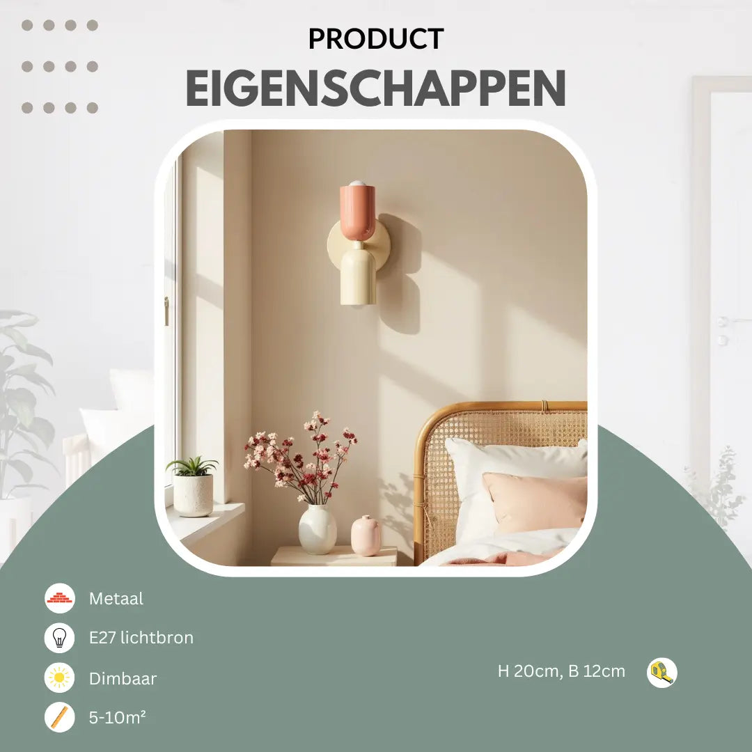 Produktinfo-Grafik mit Lampe in Rosa und Creme über einem Nachttisch neben einem Rattan-Bett, dazu Symbole für Metall, E27-Fassung, Dimmbarkeit und Maße. 22