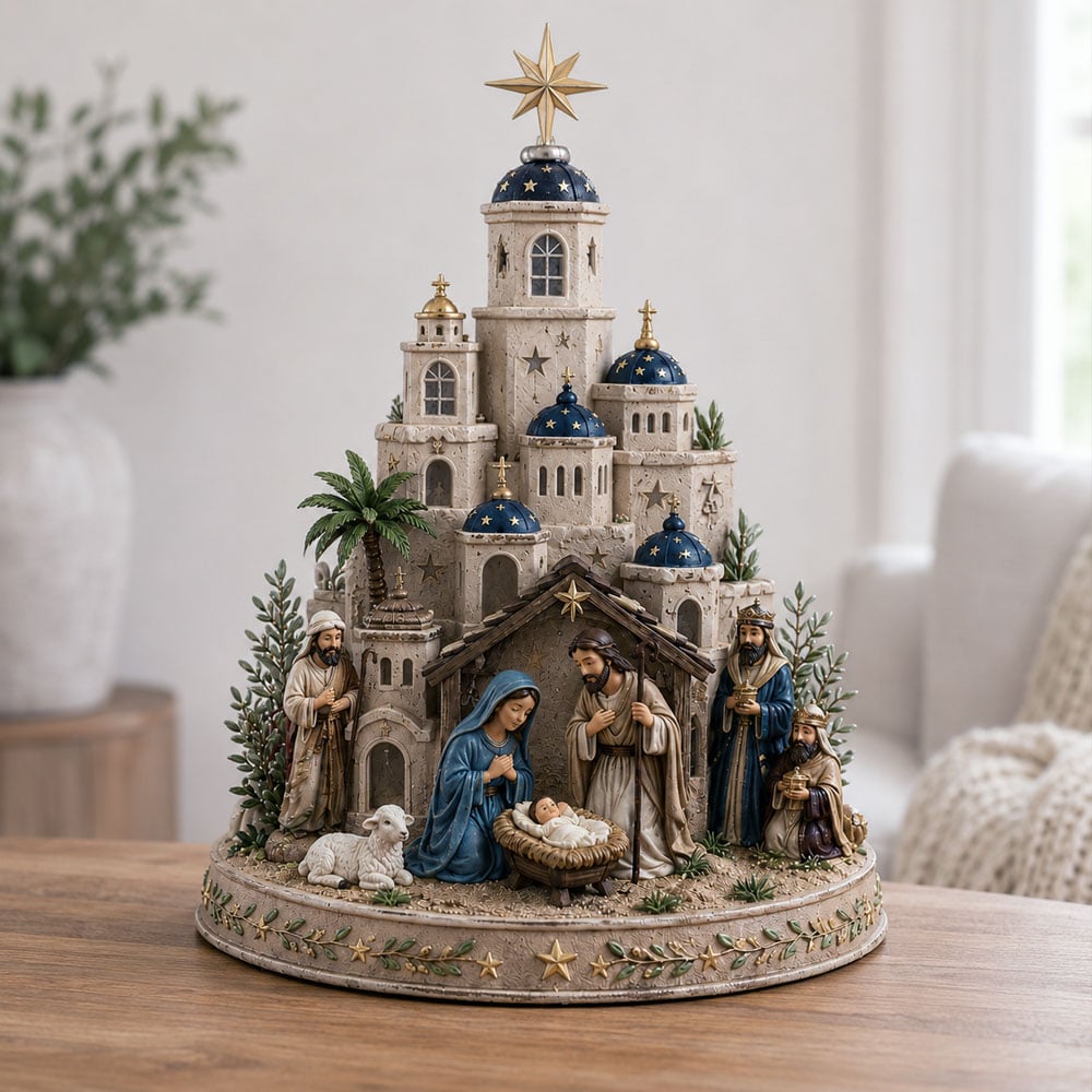 Beleuchteter Kirchturm der Geburtskirche von Bethlehem in Beige, Blau, Gold und Weiß, andere Ansicht