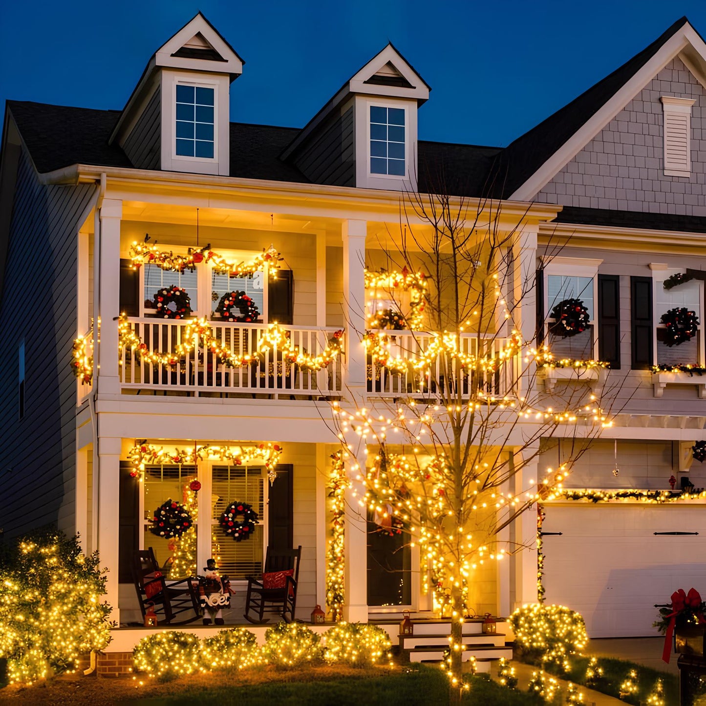 Beleuchtetes Haus mit Weihnachtsdekoration, Lichterketten, Kränzen, festliche Außenbeleuchtung.