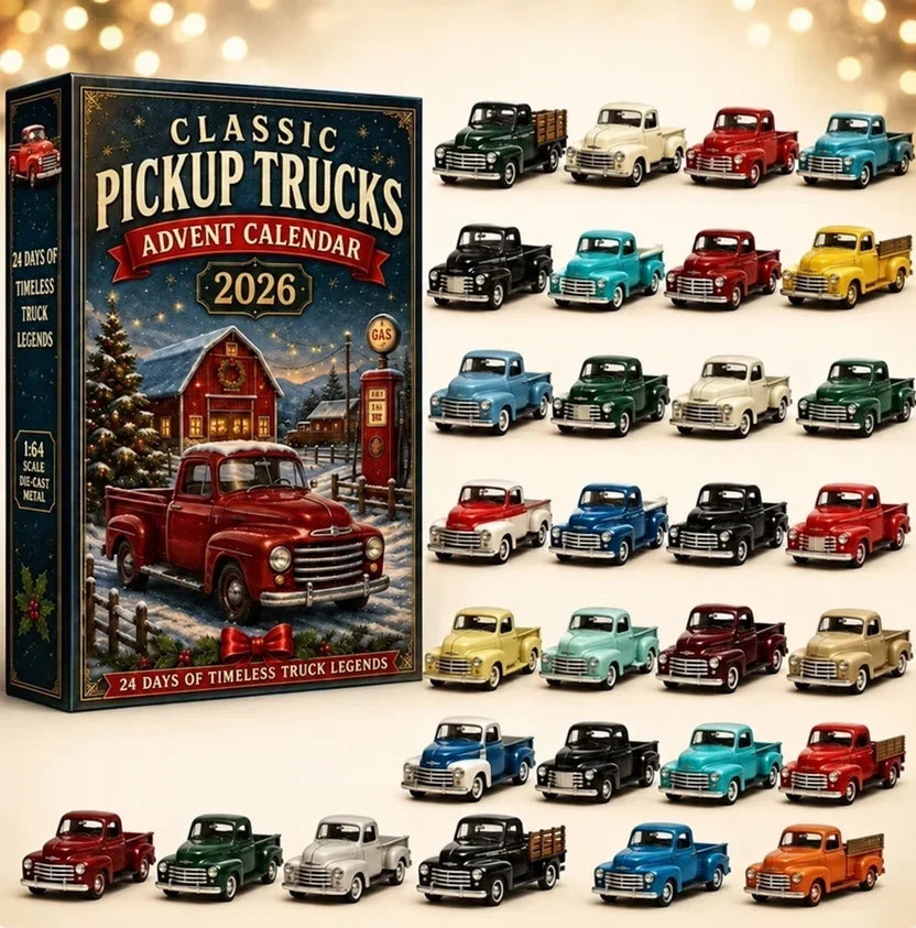 Dunkelblaue Schachtel mit Scheunen-Motiv, daneben 24 farbige klassische Pickup-Modelle in Reihen 10