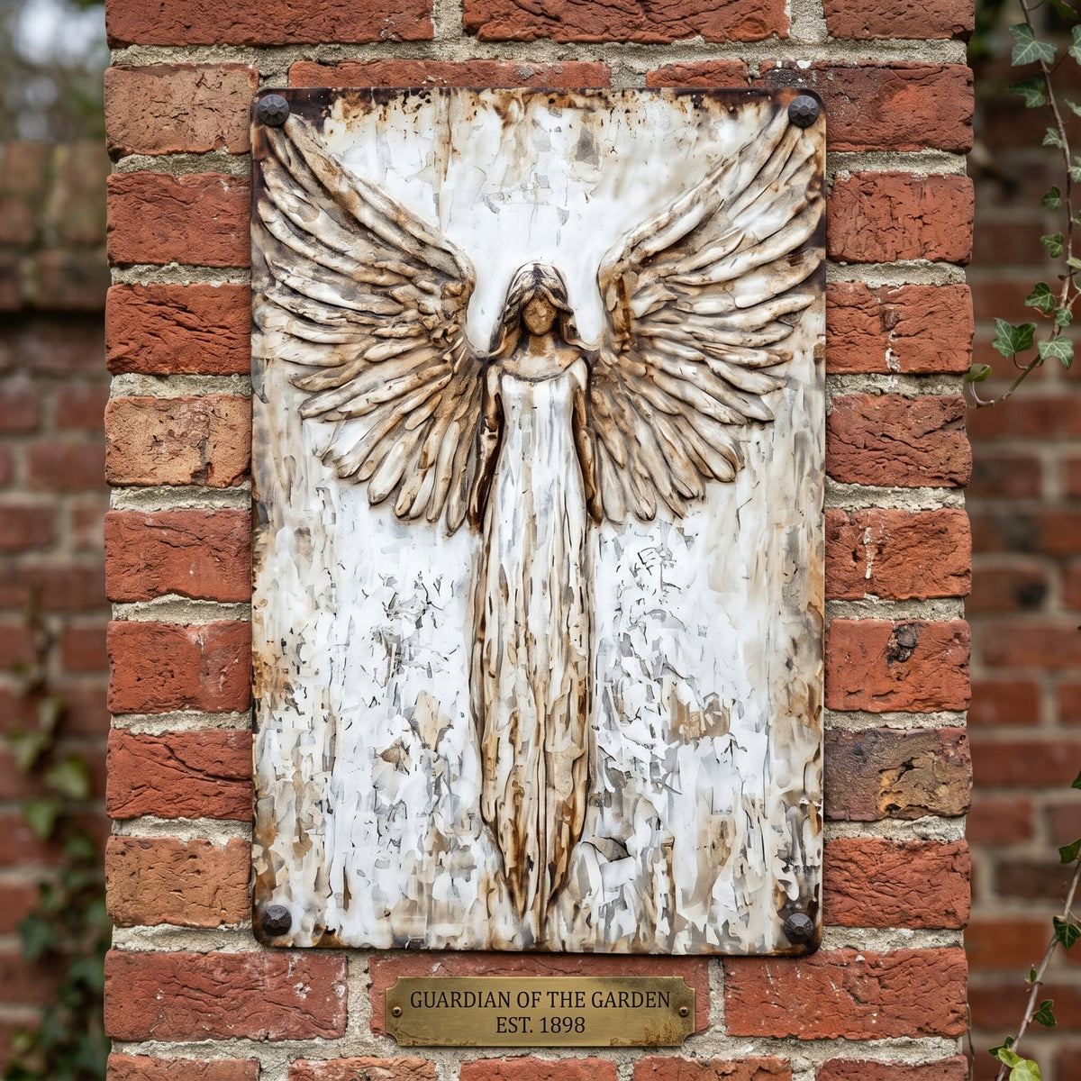 Engel-Metallschild mit vier Nieten an einer roten Backsteinmauer, darunter ein kleines Messingschild 5