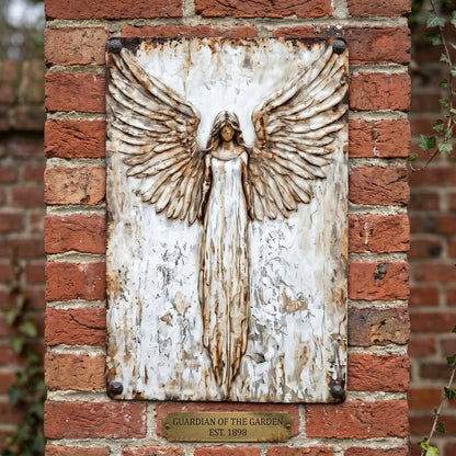 Engel-Metallschild mit vier Nieten an einer roten Backsteinmauer, darunter ein kleines Messingschild 5
