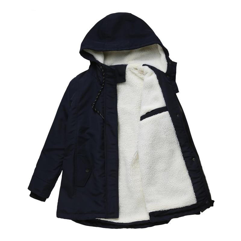 Dunkelblauer Parka flach ausgebreitet und geöffnet, mit gewelltem weißem Fleecefutter und Kapuze mit Kordelzug 9