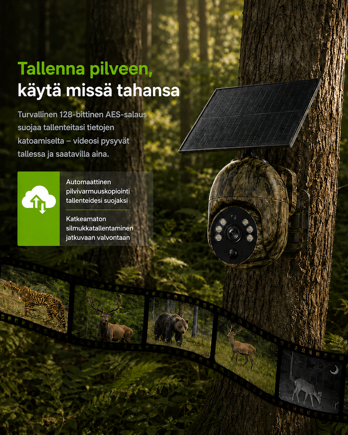 Tarn-Sicherheitskamera mit Solarpanel am Waldbaum und Tieraufnahmen im Filmstreifen