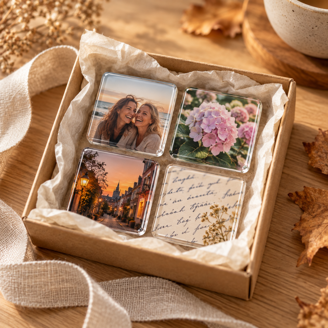 Vier quadratische Fotomagnete mit Porträt, Hortensien, Stadtstraße und Schriftmotiv als Geschenkset in einer Pappschachtel 7