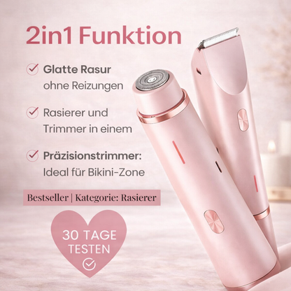 Rosa Trimmer mit abgenommenem rundem Rasieraufsatz neben dem Trimmeraufsatz, dazu Stichpunkte zur 2-in-1-Funktion und ein Herz mit Testangebot.