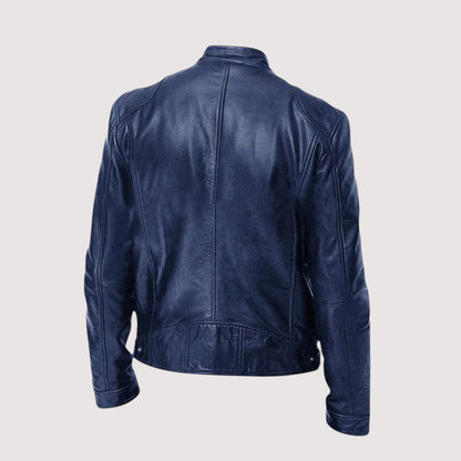 Rückansicht der dunkelblauen Lederjacke mit Längsnähten und Riegel am Saum 5