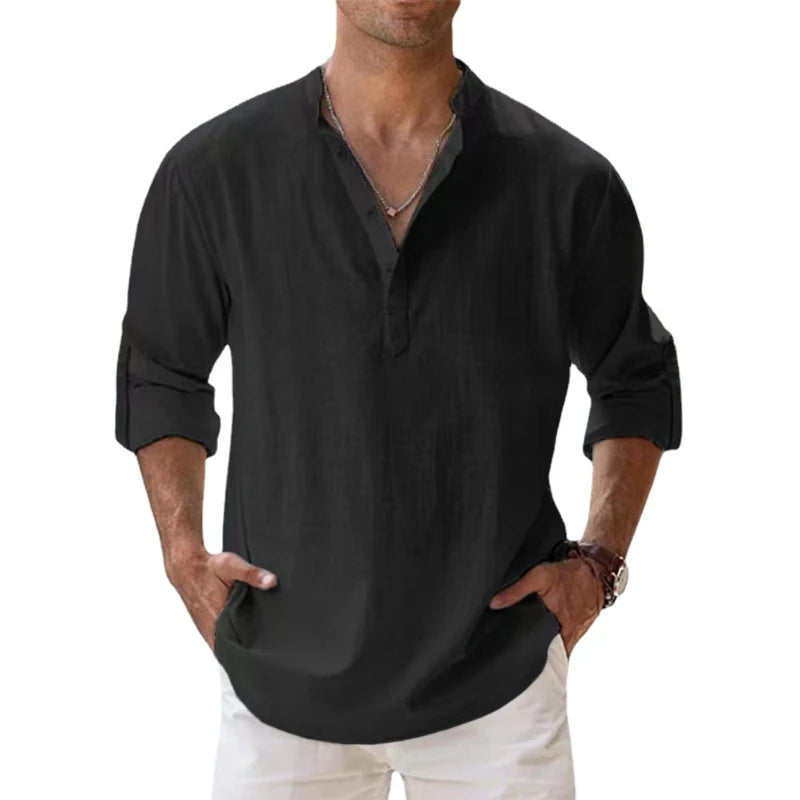 Herren-Leinen-Henley-Shirt in Schwarz, Detail mit Stehkragen