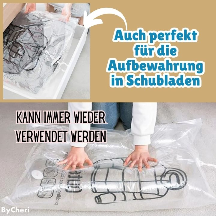 Collage mit transparentem Vakuumbeutel in einer Schublade und auf dem Boden