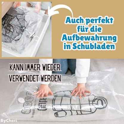 Collage mit transparentem Vakuumbeutel in einer Schublade und auf dem Boden