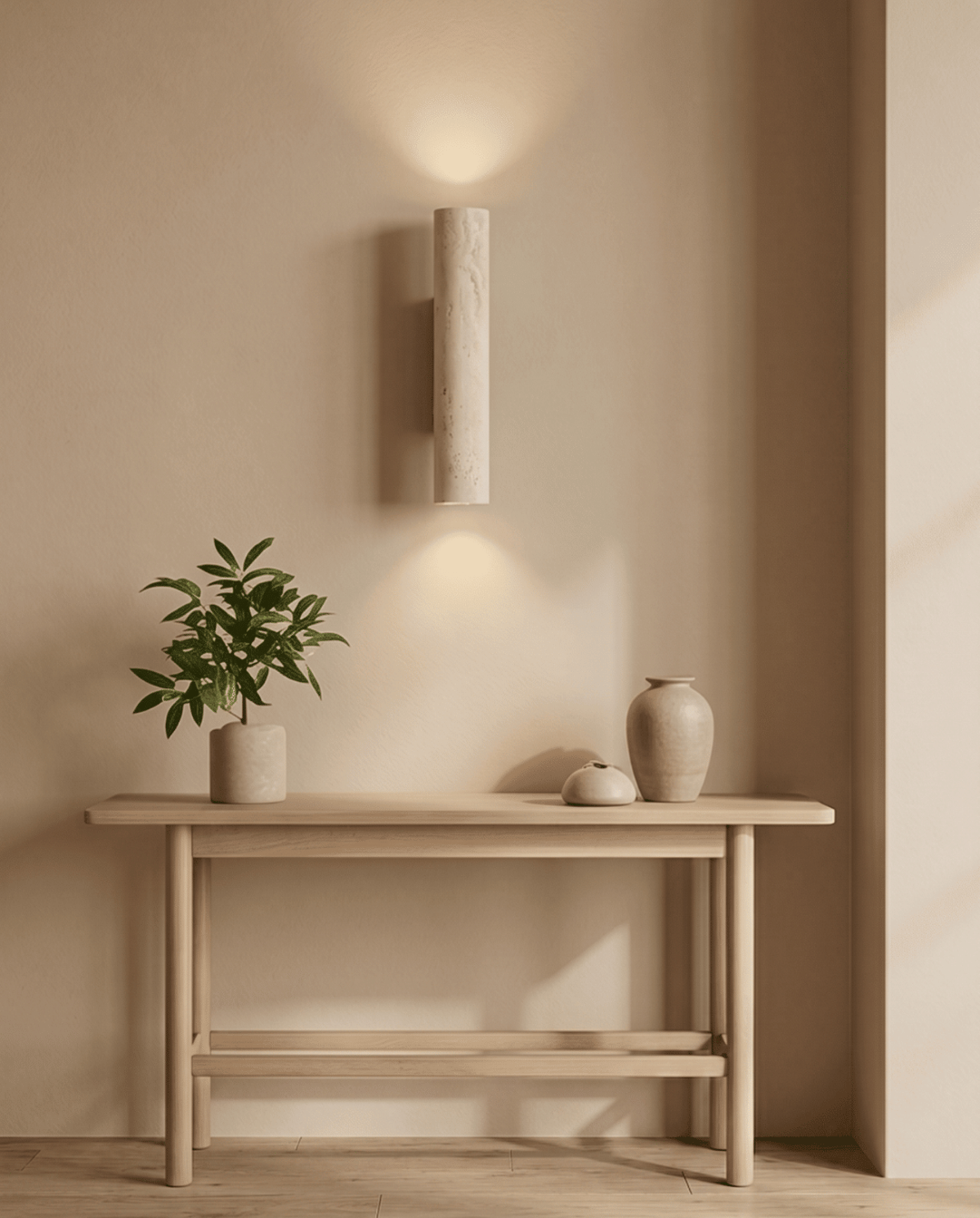 Wohnszene mit Travertin-Wandlampe über einem Holz-Sideboard mit Pflanze und Vasen auf hellem Holzboden 8