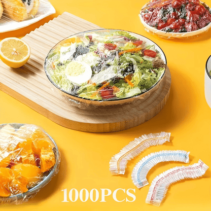 1000 elastische Einweg-Lebensmittelabdeckungen, detail mit Salatschüssel und Orangenstücken