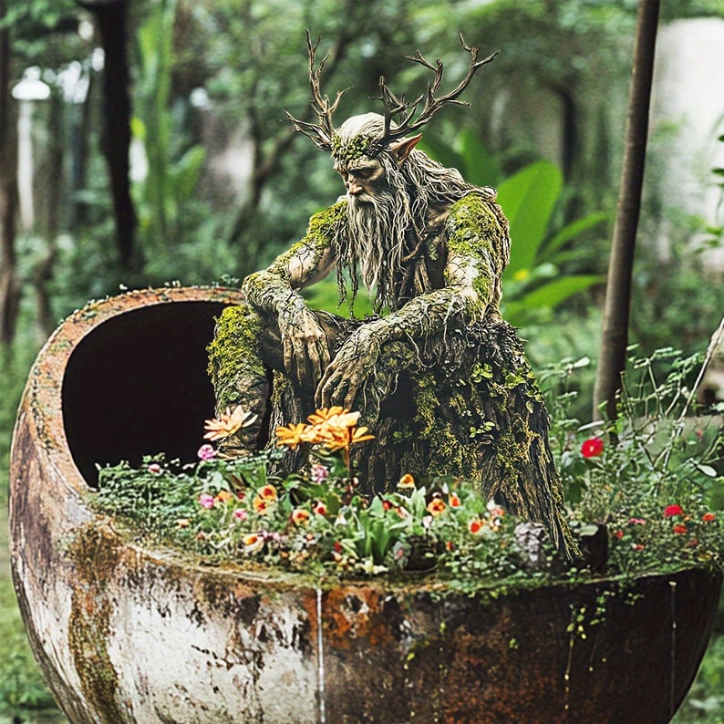 Acrylic Gartenstecker mit sitzendem Waldgeist auf einem bepflanzten Gefäß