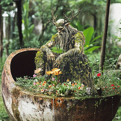 Acrylic Gartenstecker mit sitzendem Waldgeist auf einem bepflanzten Gefäß