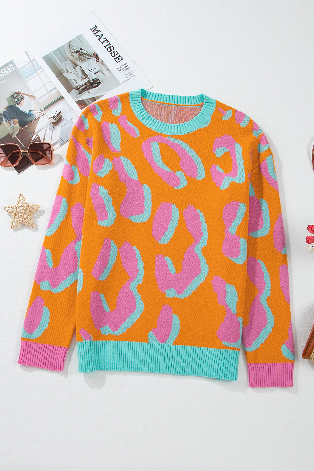 Damenpullover mit Colorblock-Leopardenmuster und Rundhalsausschnitt – Liora