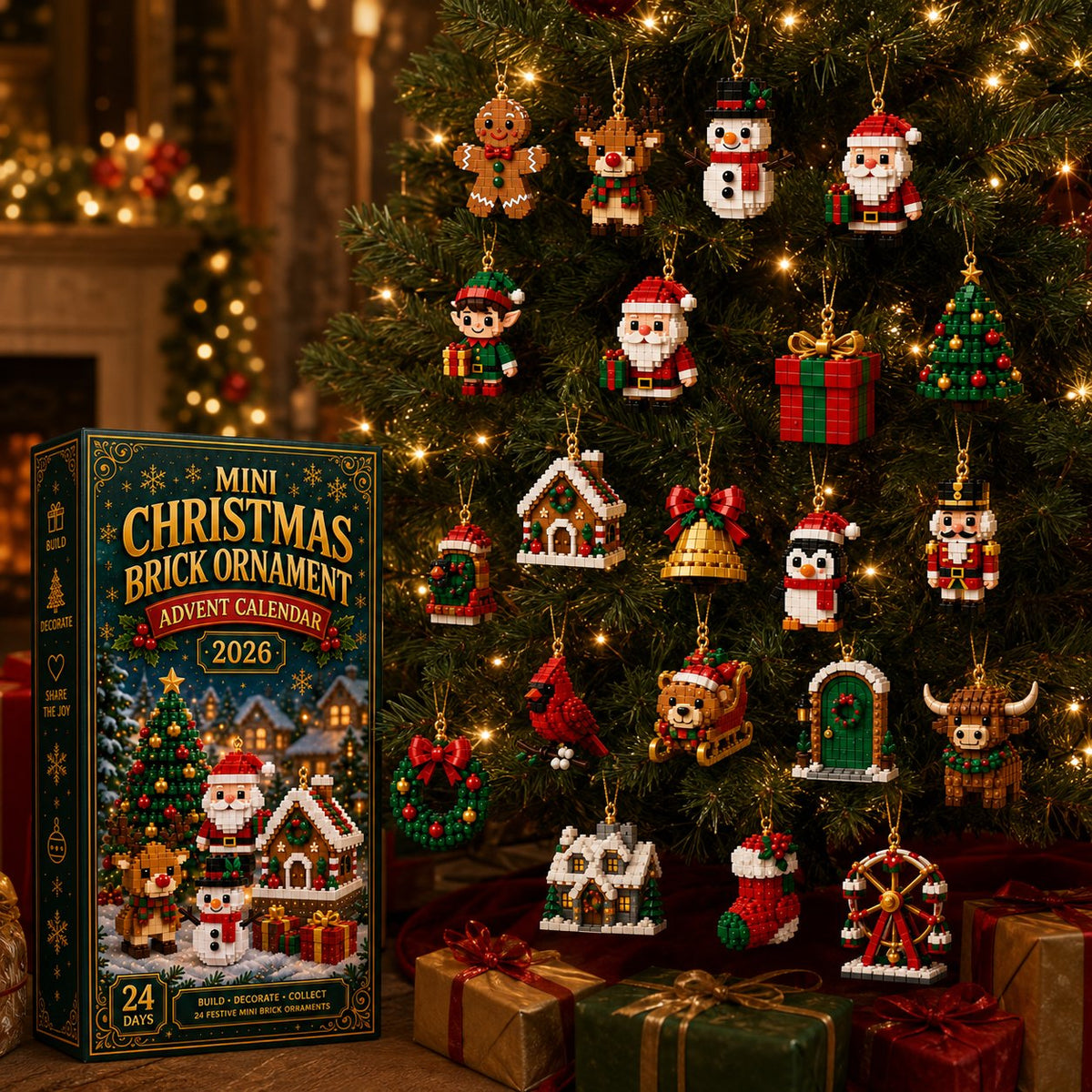 Die fertigen Bausteinfiguren hängen als Schmuck an einem beleuchteten Tannenbaum, links die Schachtel, unten liegen verpackte Geschenke. 7
