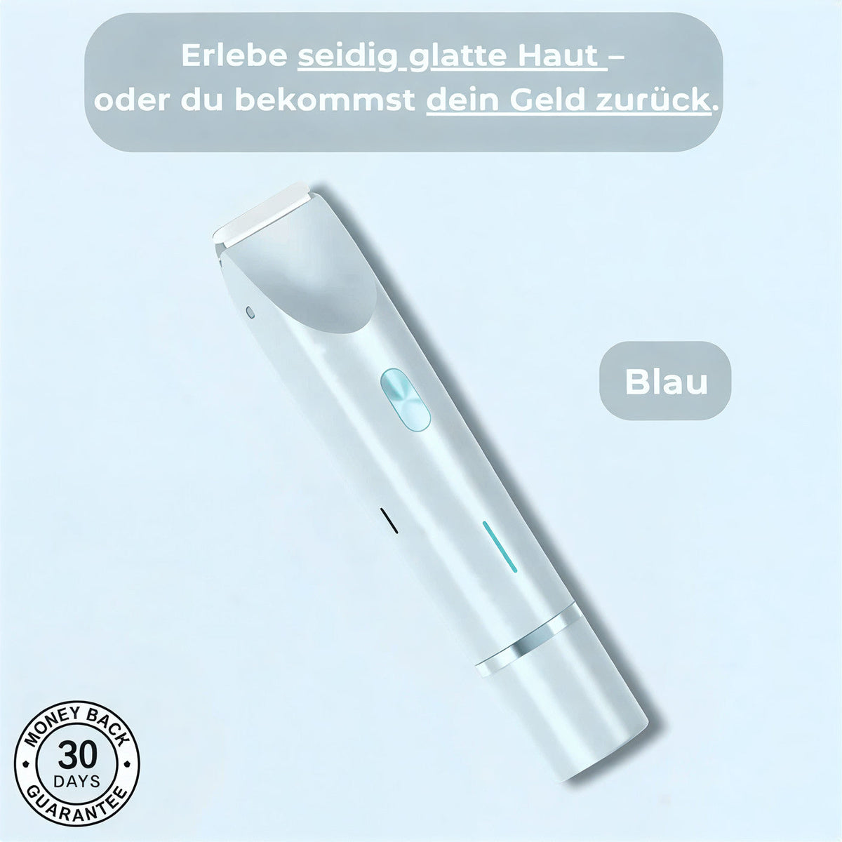 Trimmer in der hellblauen Farbvariante mit weißer Klinge, Schalter und Ladeanzeige vor blassblauem Hintergrund.