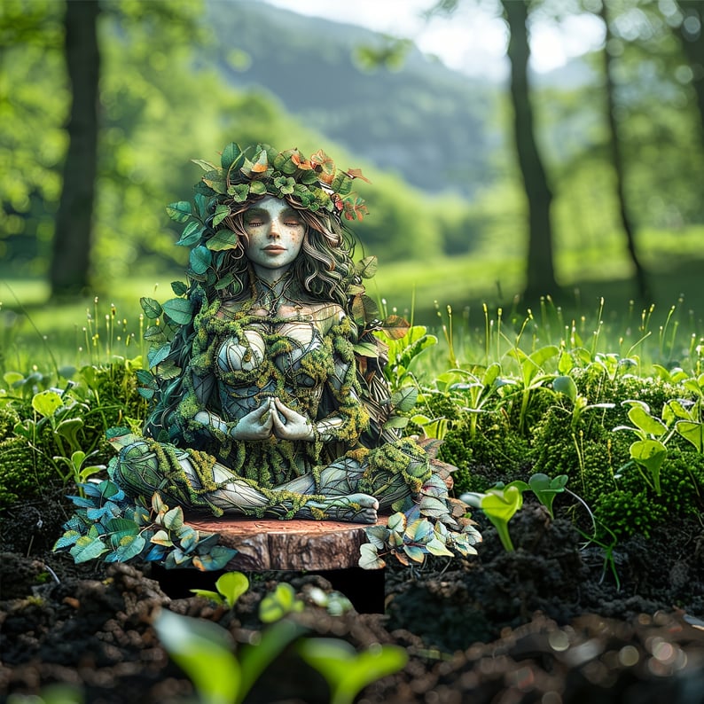 Meditierende Frauenfigur mit Blätterkranz und moosbewachsenem Körper sitzt im Schneidersitz auf einer Holzscheibe im Moos, grüner Wald im Hintergrund. 21