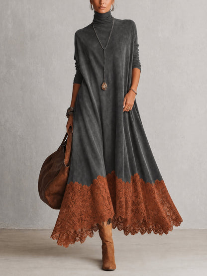 Graues Kleid mit rostorangem Spitzensaum, Model in Vorderansicht mit Lederbeutel und Stiefeln 10