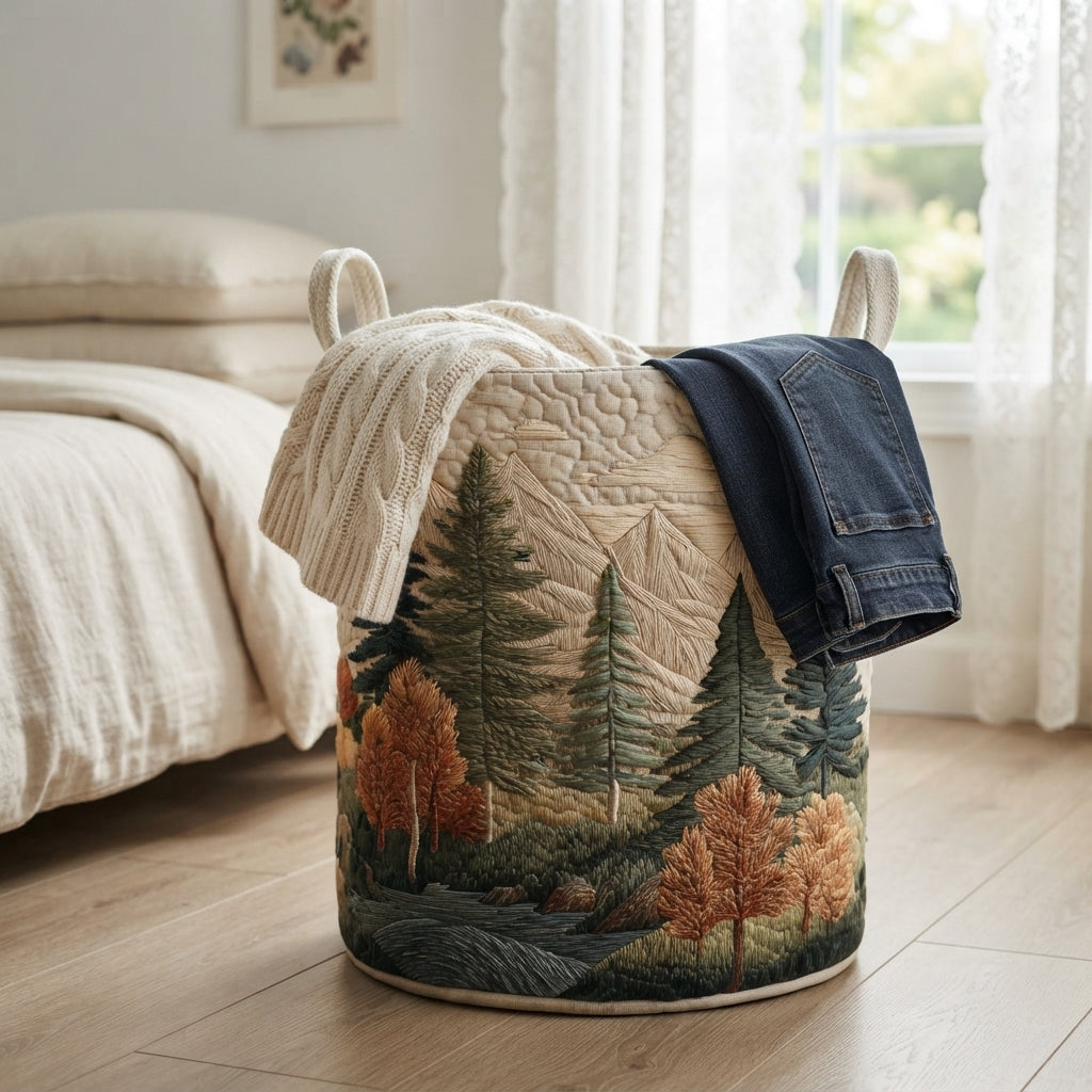 Korb mit Waldmotiv im Schlafzimmer, über den Rand hängen ein cremefarbener Strickpullover und eine dunkle Jeans. 13