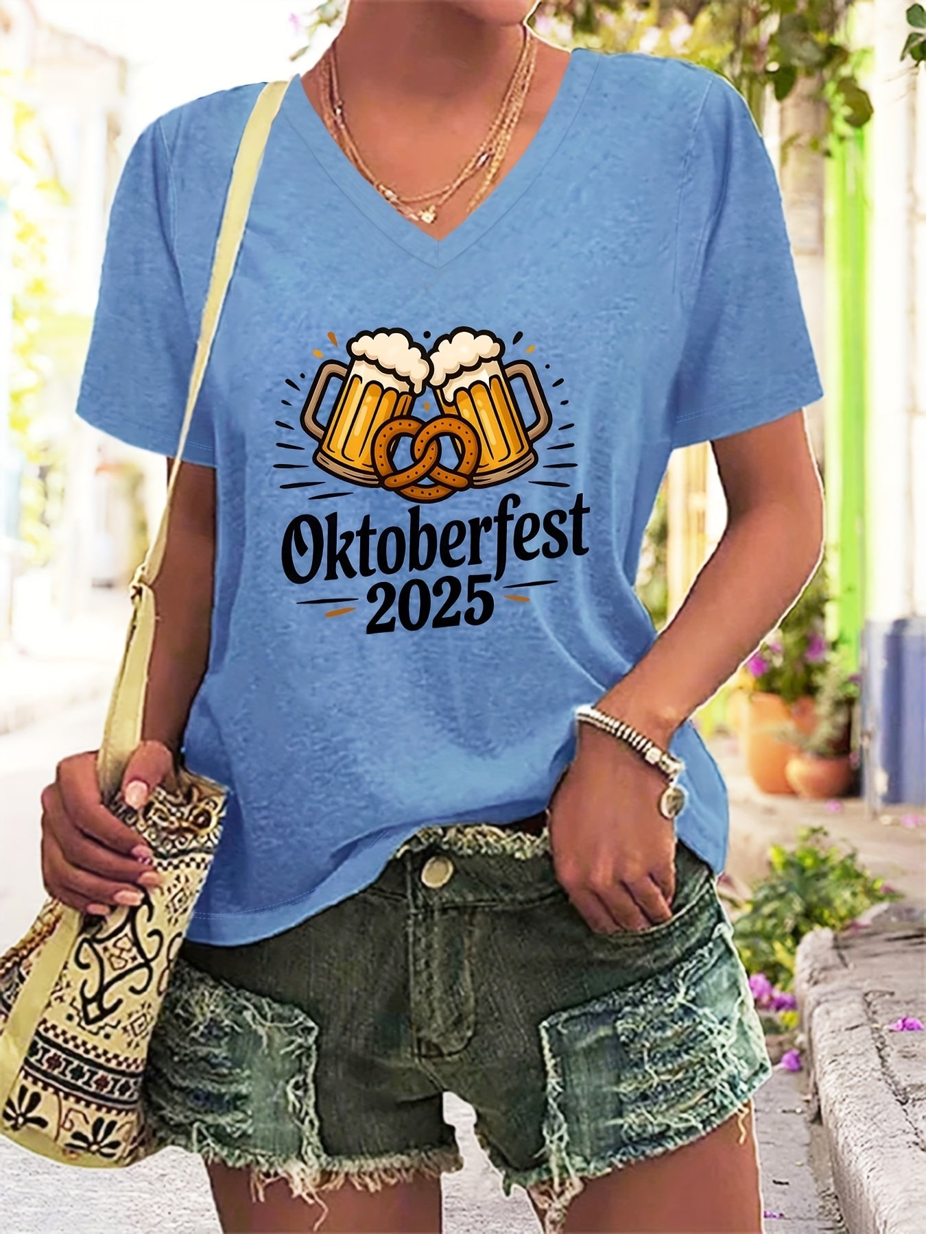 Damen Plus Size V-Ausschnitt T-Shirt mit Grafikprint – Anneliese Oktoberfest 2026
