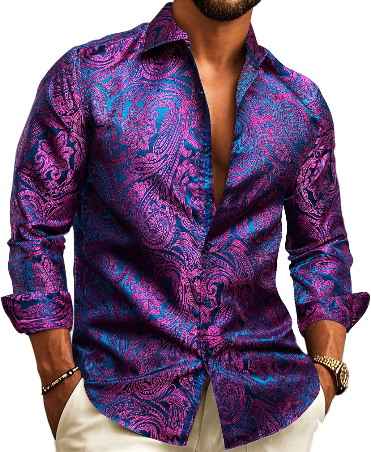 Hemd in Magenta mit blauem Paisley-Jacquardmuster, detail.