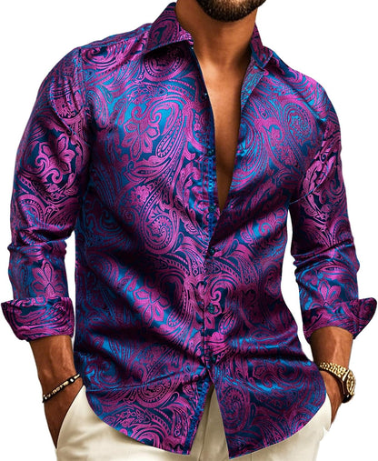 Hemd in Magenta mit blauem Paisley-Jacquardmuster, detail.