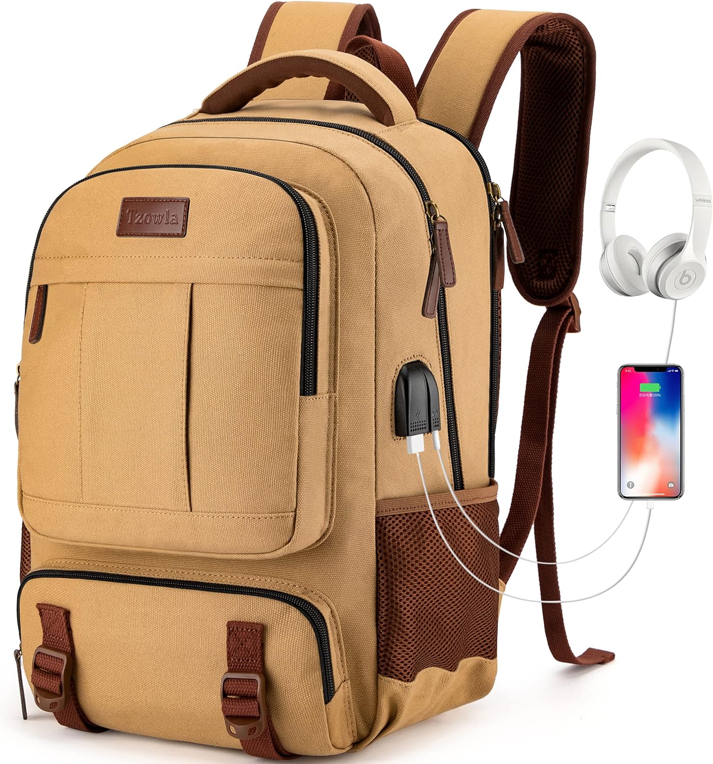 Anti-Diebstahl Canvas Laptop- und Reiserucksack mit USB-Anschluss – Geeignet für Laptops bis 43,94 cm