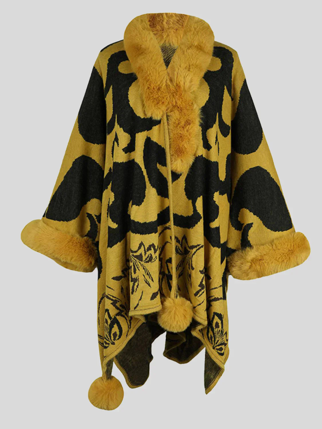 Gelber Poncho mit schwarzem Muster, Kunstpelzbesatz, Damenmode, Herbst-Winter-Outfit.