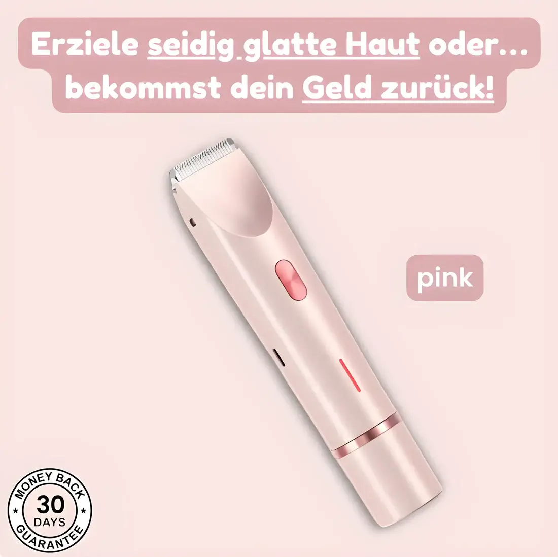 Schlanker rosafarbener Trimmer mit silberner Klingenleiste, Schalter und Ladeanzeige, frei vor hellrosa Hintergrund dargestellt. 1