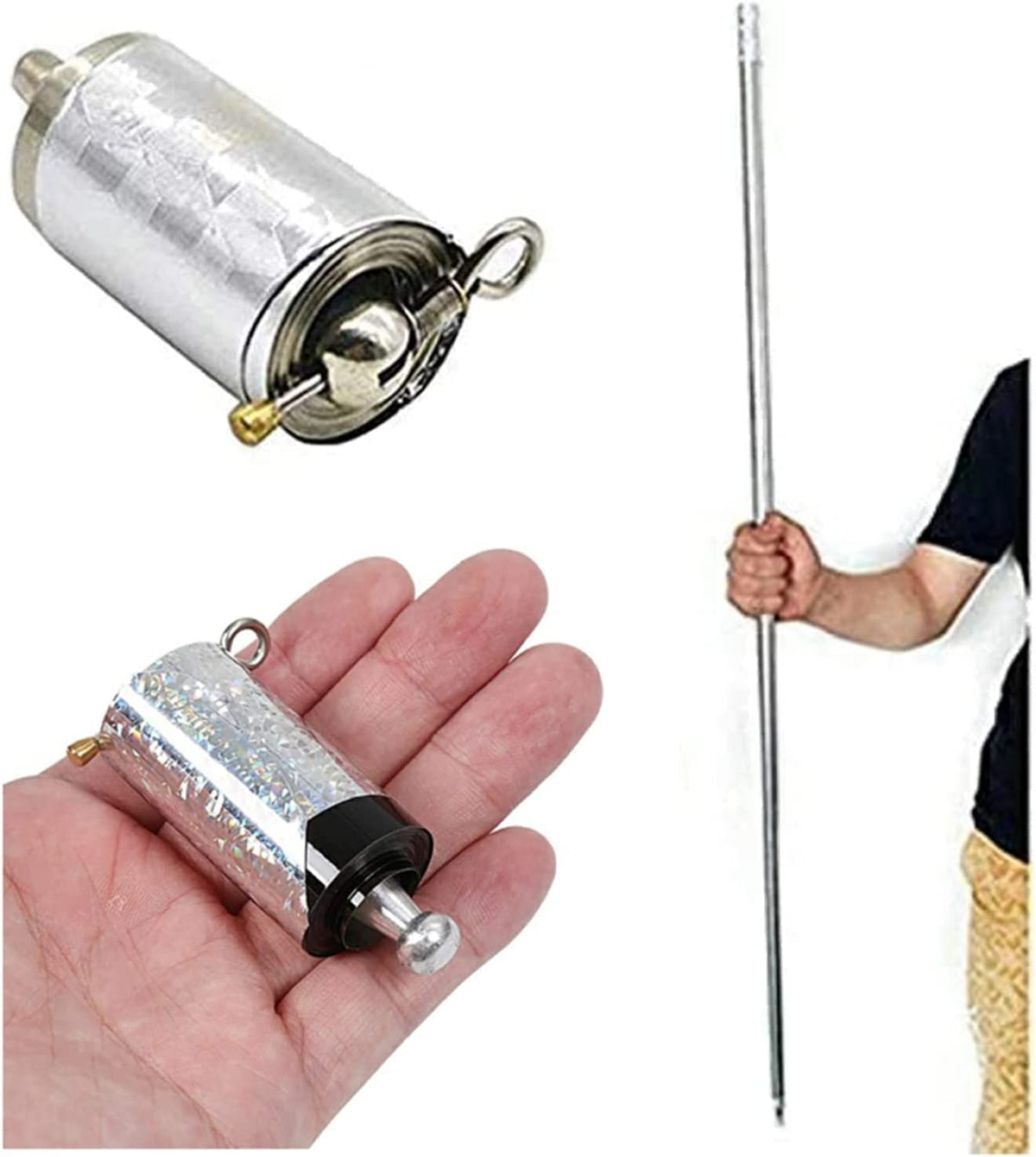 Collage: zusammengerollte Stabrolle in Nahaufnahme, auf der Handfläche und rechts der ausgezogene Stab in einer Faust 6