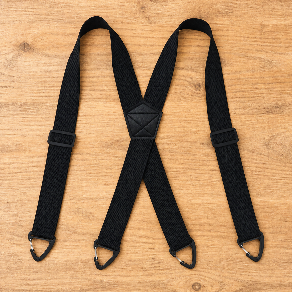 Schwarze X-Hosenträger mit vier dreieckigen Clips und Lederkreuz, flach auf einem Holzuntergrund ausgebreitet. 8