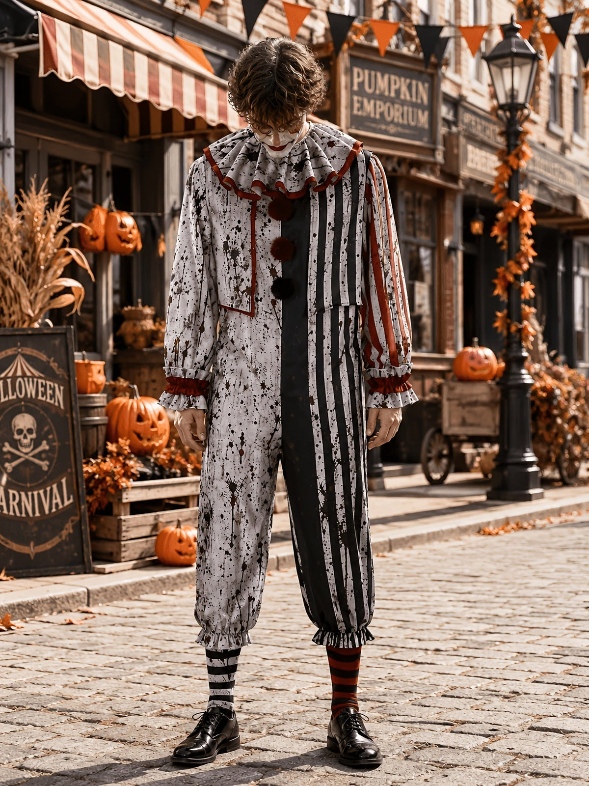 Frontansicht: Model im grau-schwarz gestreiften, fleckigen Clown-Overall mit Rüschenkragen und Bommeln, den Kopf gesenkt, auf einer herbstlich dekorierten Kopfs 1