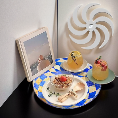 Nähvorlagen für Stoff-Tischsets, blau-gelb gemustertes Set als Unterlage für Schälchen und Getränke