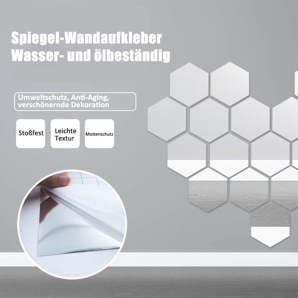 Sechseckige Spiegelaufkleber an grauer Wand, Detailkreis zeigt das Abziehen der Rückseite 4