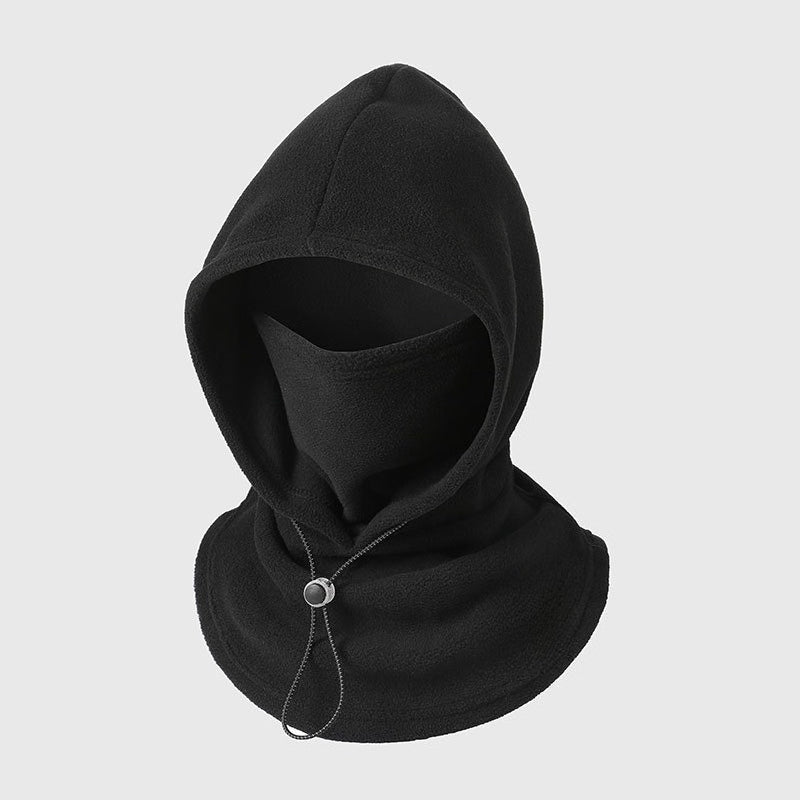 Schwarze Fleece-Kapuze mit Gesichtsschutz und Kordelzug, Einzelansicht auf hellem Hintergrund 7