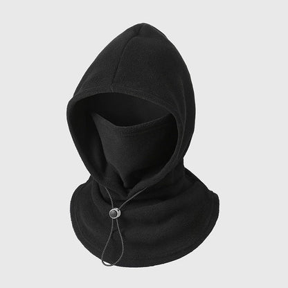 Schwarze Fleece-Kapuze mit Gesichtsschutz und Kordelzug, Einzelansicht auf hellem Hintergrund 7