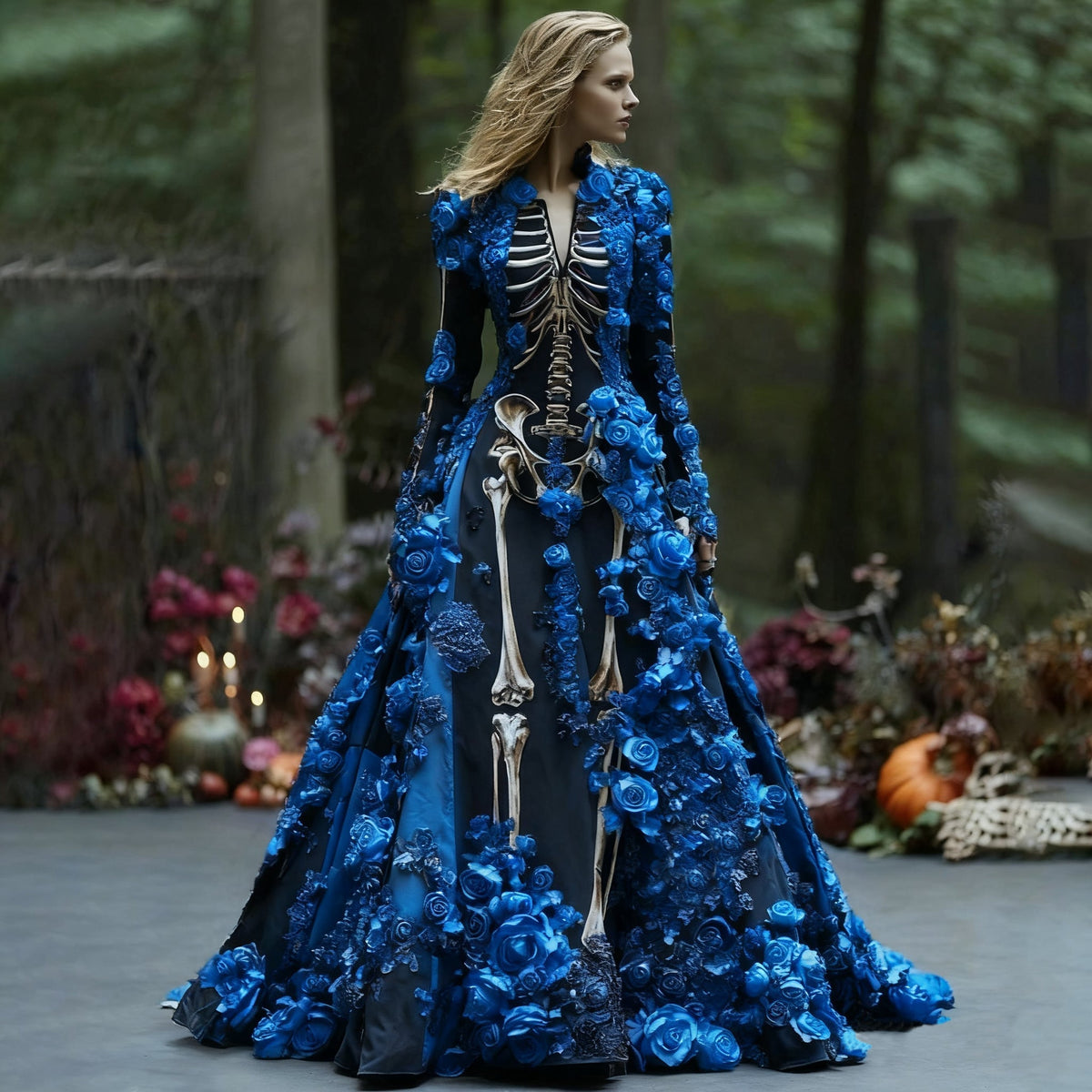 Maxikleid mit Skelett-Print in der Variante mit blauen Rosenapplikationen auf schwarzem Grund, vom Model im Waldsetting getragen. 3