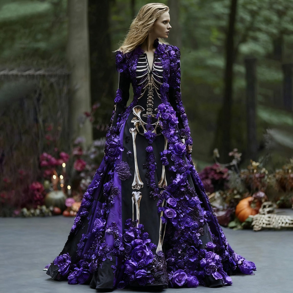 Skelett-Maxikleid in der Variante mit violetten Rosenapplikationen auf schwarzem Stoff, vom Model im herbstlichen Waldsetting getragen. 6