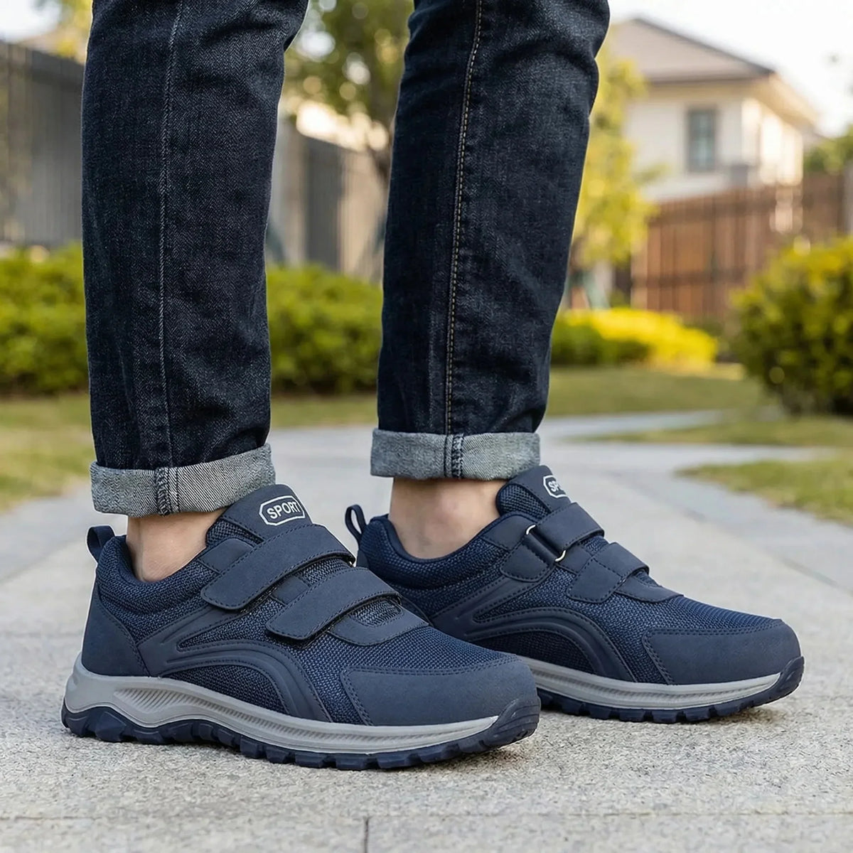 Blaue Klettschuhe an den Füßen eines Mannes in Jeans auf einem Gehweg im Freien 1