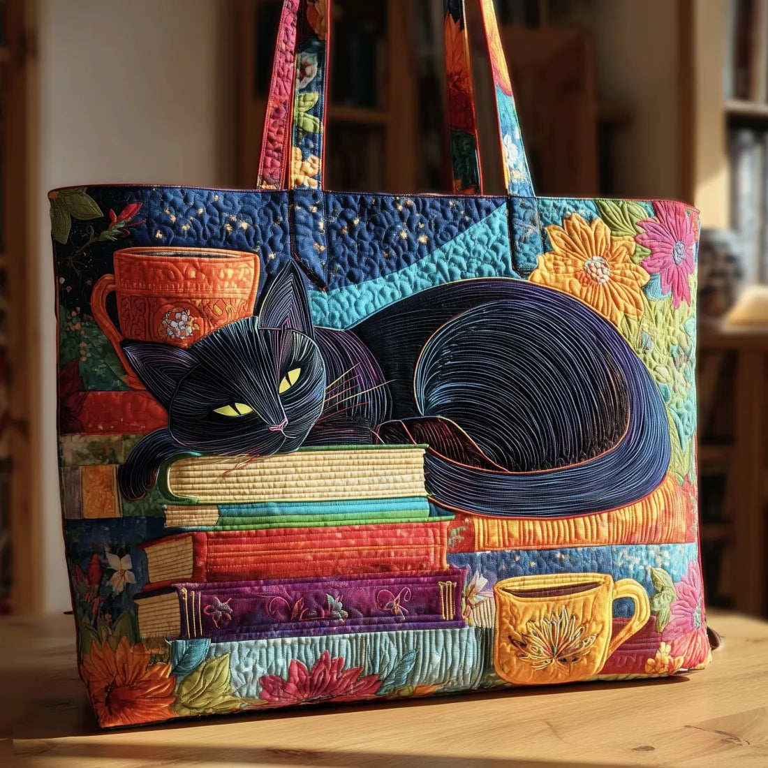 Bunt gesteppte Tragetasche mit schlafender schwarzer Katze auf einem Bücherstapel, Tassen und Blumen, auf einem Holztisch vor einem Bücherregal. 1