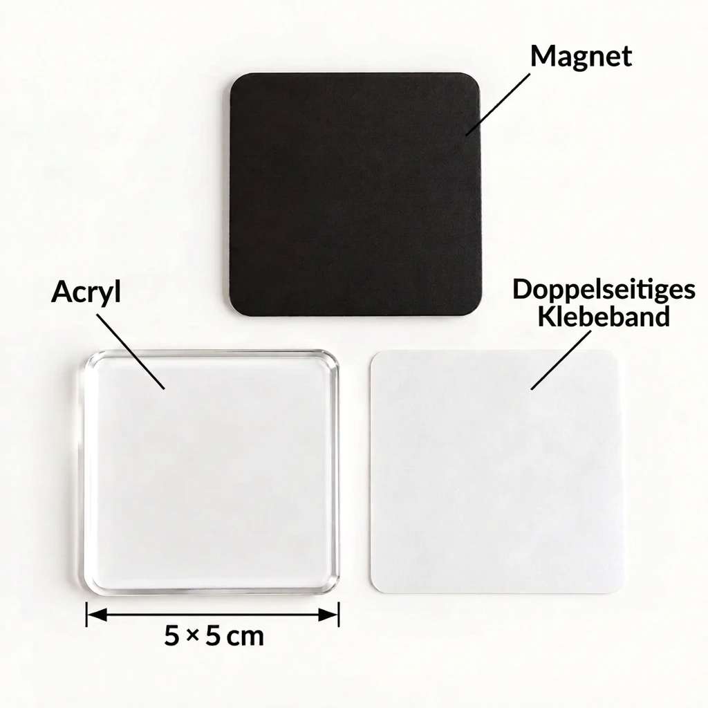 Bauteile eines quadratischen Magneten einzeln ausgelegt: Acryl, schwarzer Magnet und doppelseitiges Klebeband, Größe 5 × 5 8