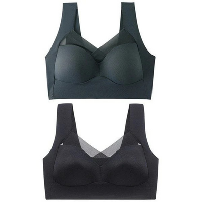 Zwei nahtlose Bralettes mit breiten Trägern und Netzeinsatz am Ausschnitt, eines in dunklem Graugrün oben, eines in Schwarz unten. 22