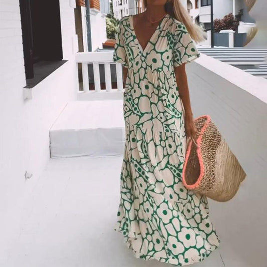Grünes Maxikleid mit kurzen Ärmeln und Druck – Elisa