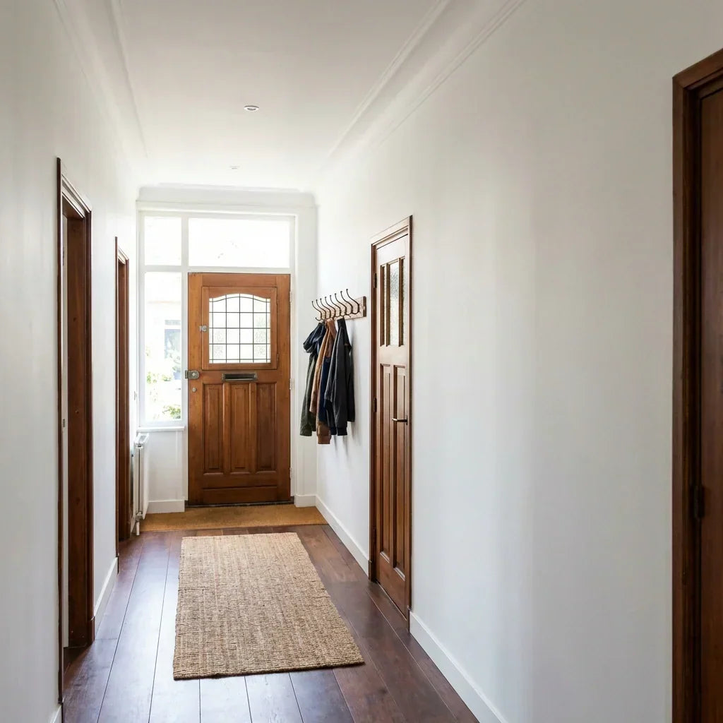 Heller Flur mit weißen Wänden, dunklen Holztüren und Jutteläufer auf dem Holzboden 7