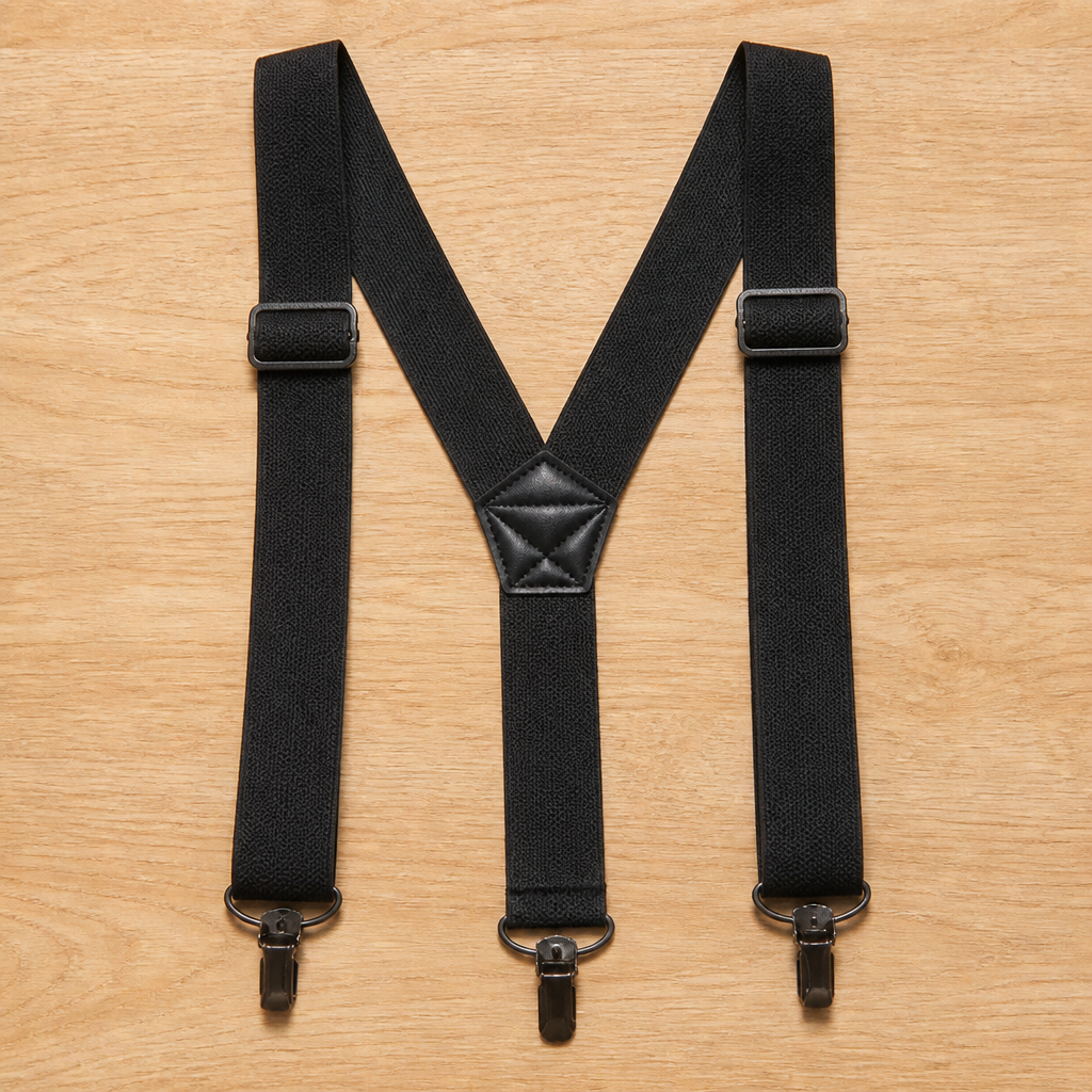 Schwarze Y-Hosenträger mit drei Krokodilclips, Verstellschnallen und Lederkreuz, flach auf Holz ausgelegt. 7