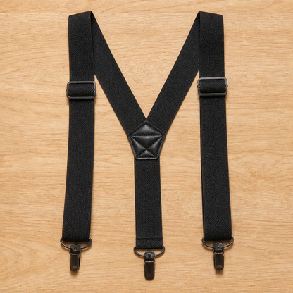 Schwarze Y-Hosenträger mit drei Krokodilclips, Verstellschnallen und Lederkreuz, flach auf Holz ausgelegt. 7